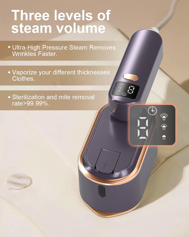NAMMARO Travel Steamer Iron for Clothes - 1200W Handheld Size Portable Travel Steamer, 3 Steam Levels Clothes Steamer with LCD Screen, 10S Fast Heat-up Steamer for Dress Shirt Home Travel (Gray Purple) - Image 4