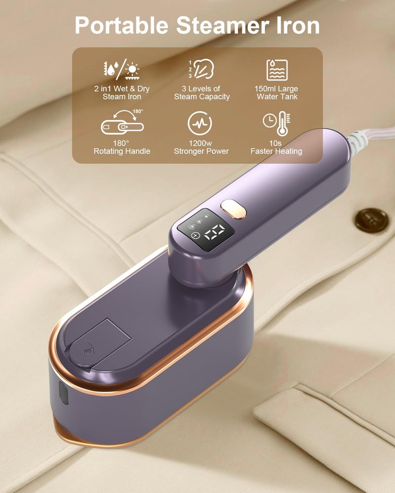 NAMMARO Travel Steamer Iron for Clothes - 1200W Handheld Size Portable Travel Steamer, 3 Steam Levels Clothes Steamer with LCD Screen, 10S Fast Heat-up Steamer for Dress Shirt Home Travel (Gray Purple) - Image 2