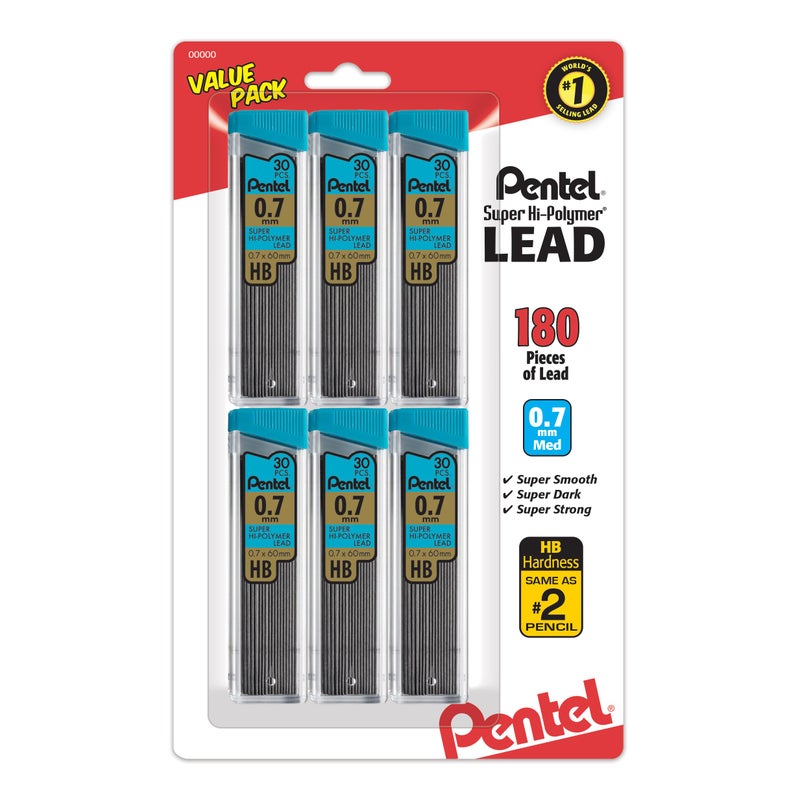 Pentel Super Hi-Polymer Refills, 0.7 mm Medium, HB, 180 Pieces of Lead (C27BPHB6)