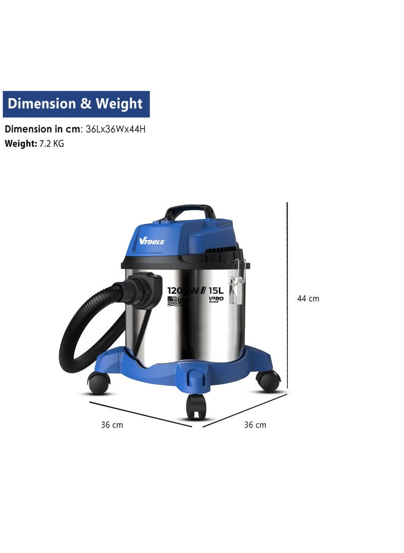 VTOOLS VTOOLS 1200W 15L Wet Dry Vacuum Cleaner with Powerful Suction  - Image 4