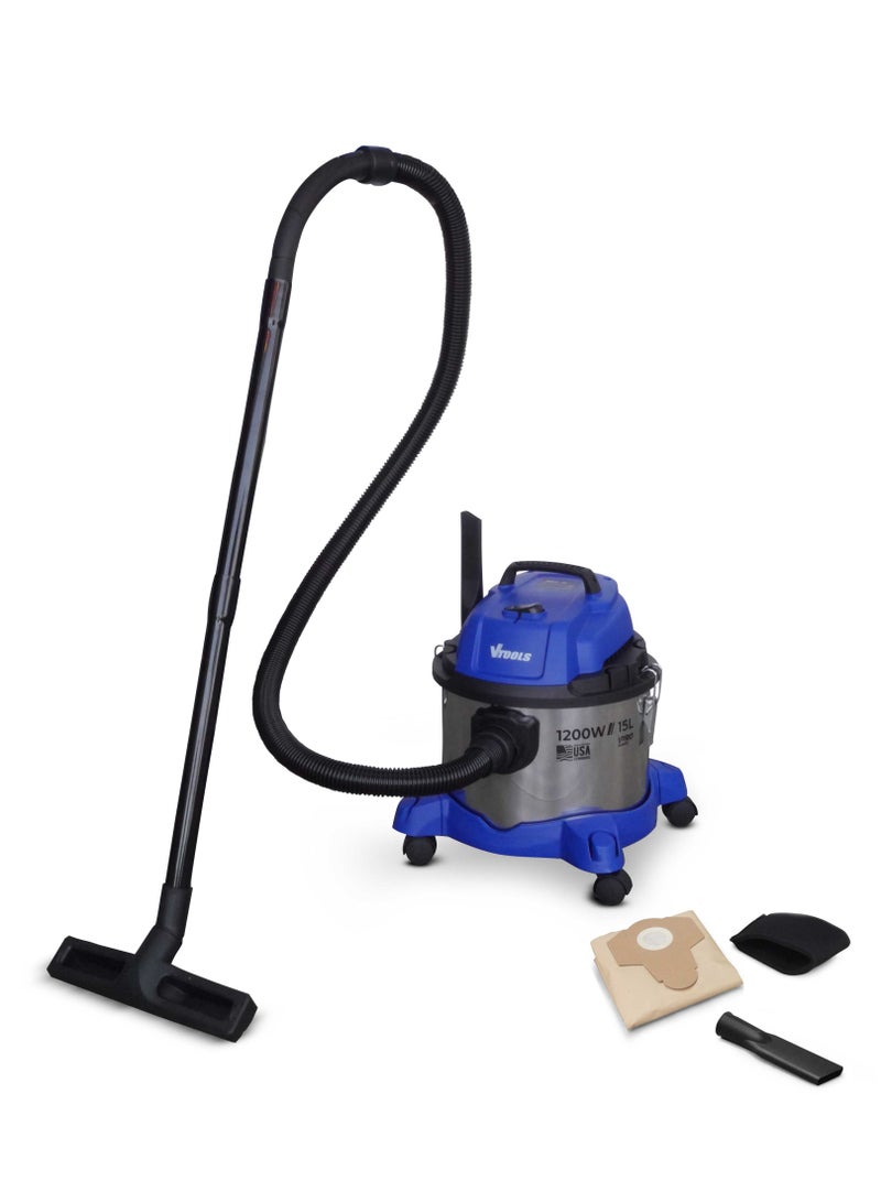 في تولز مكنسة كهربائية VTOOLS 1200 واط 15 لترًا للتنظيف الجاف والرطب مع شفط قوي - Image 1