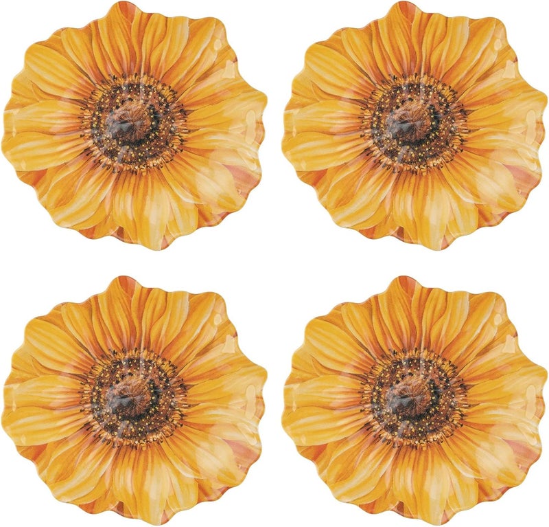 UP UPware Sunflower Melamine Dessert Plates FloralShaped Small Serving Plates for Appetizer Snacks and Side Dishes Yellow 75 x 7 Inch Set of 4 - Image 1
