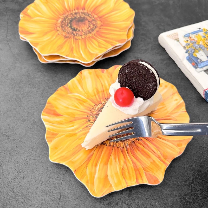 UP UPware Sunflower Melamine Dessert Plates FloralShaped Small Serving Plates for Appetizer Snacks and Side Dishes Yellow 75 x 7 Inch Set of 4 - Image 5