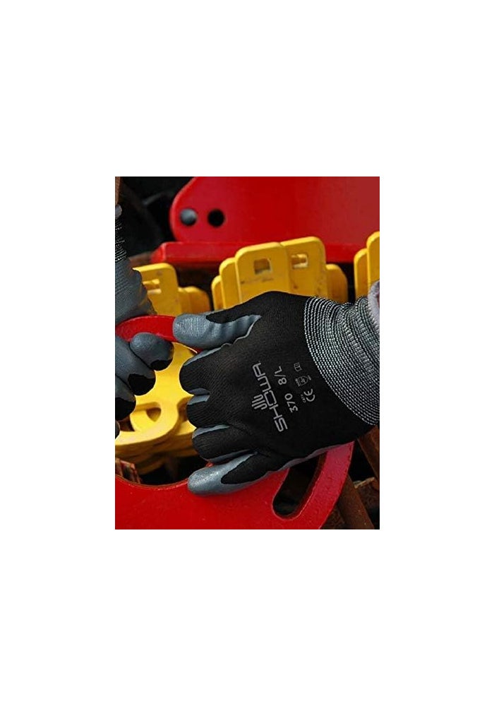 SHOWA Atlas 370BM-07 Nitrile Palm Coating Gloves, Black, Medium - Pack of 12 Pairs - Image 4