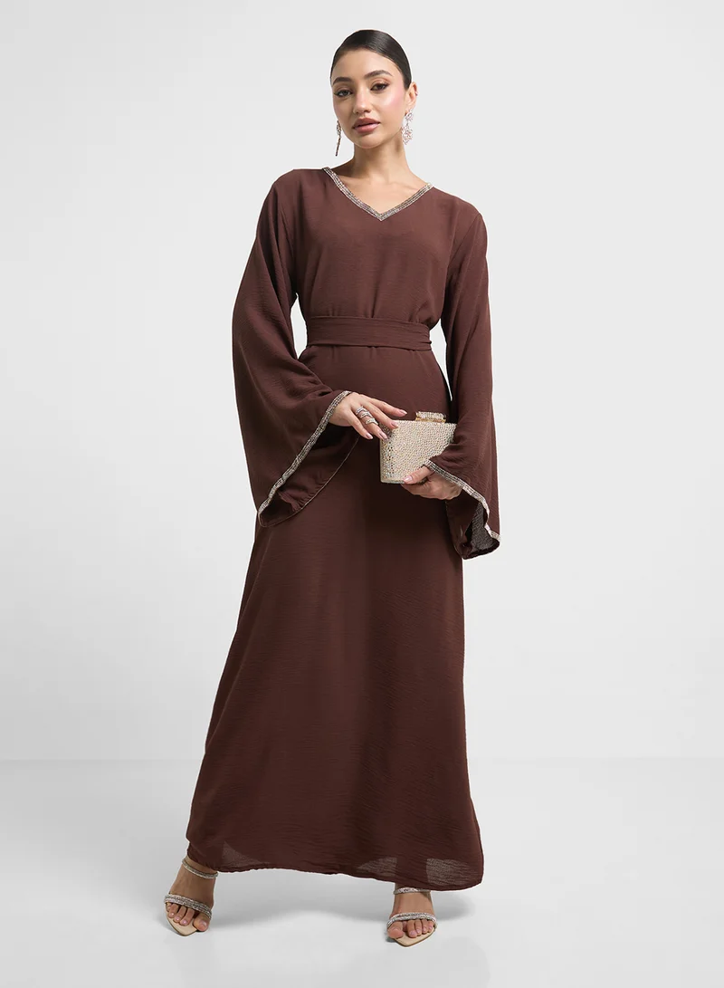 hayas closet V-Neck Belted Jalabiya