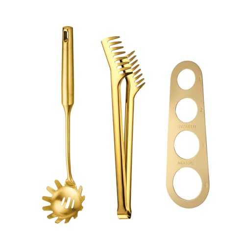 CLWXHS Gold Stainless Steel Spaghetti Server Set, Spaghetti spoon with teeth,12'' Pasta Tong and 13.6'' Pasta spoon,4-Hole Stainless Steel Spaghetti Measure Tool. for Noodles Pasta Serving Gadgets(3 Pieces) - Image 1
