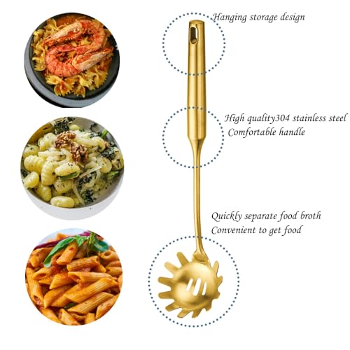 CLWXHS Gold Stainless Steel Spaghetti Server Set, Spaghetti spoon with teeth,12'' Pasta Tong and 13.6'' Pasta spoon,4-Hole Stainless Steel Spaghetti Measure Tool. for Noodles Pasta Serving Gadgets(3 Pieces) - Image 3