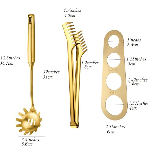 CLWXHS Gold Stainless Steel Spaghetti Server Set, Spaghetti spoon with teeth,12'' Pasta Tong and 13.6'' Pasta spoon,4-Hole Stainless Steel Spaghetti Measure Tool. for Noodles Pasta Serving Gadgets(3 Pieces) - Image 2