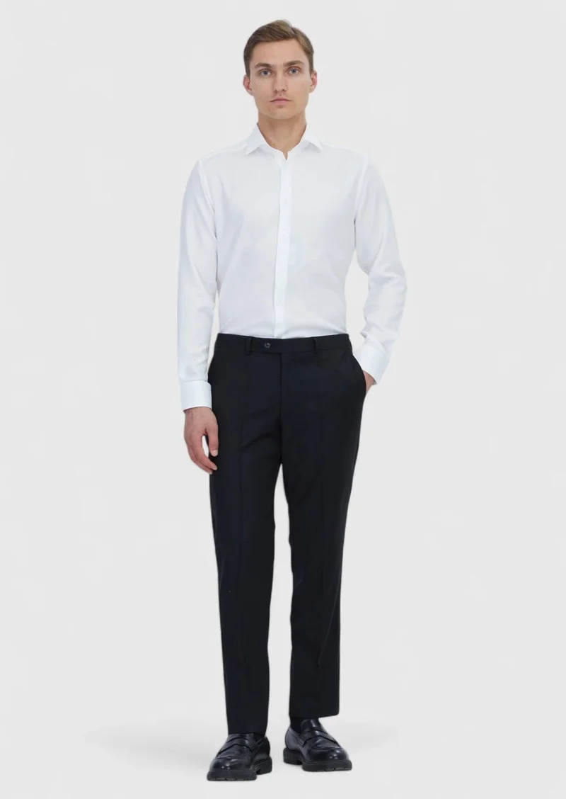 RAMSEY White Plain Regular Fit Long Weaving Classical Cotton Blended Shirt