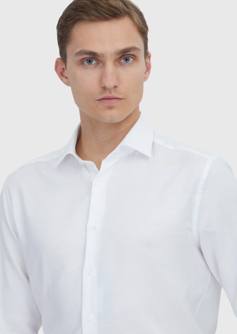 RAMSEY White Plain Regular Fit Long Weaving Classical Cotton Blended Shirt - Image 4