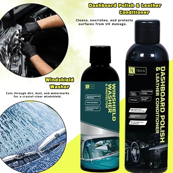 N Treck NTreck Ultimate Car Cleaning Kit - 6 Pcs | Contains Dashboard Leather Conditioner & Tyre Polish, Car & Bike Shampoo, Scratch Remover, Microfiber Cloth & 2 Applicators | Washing Kit - Image 3