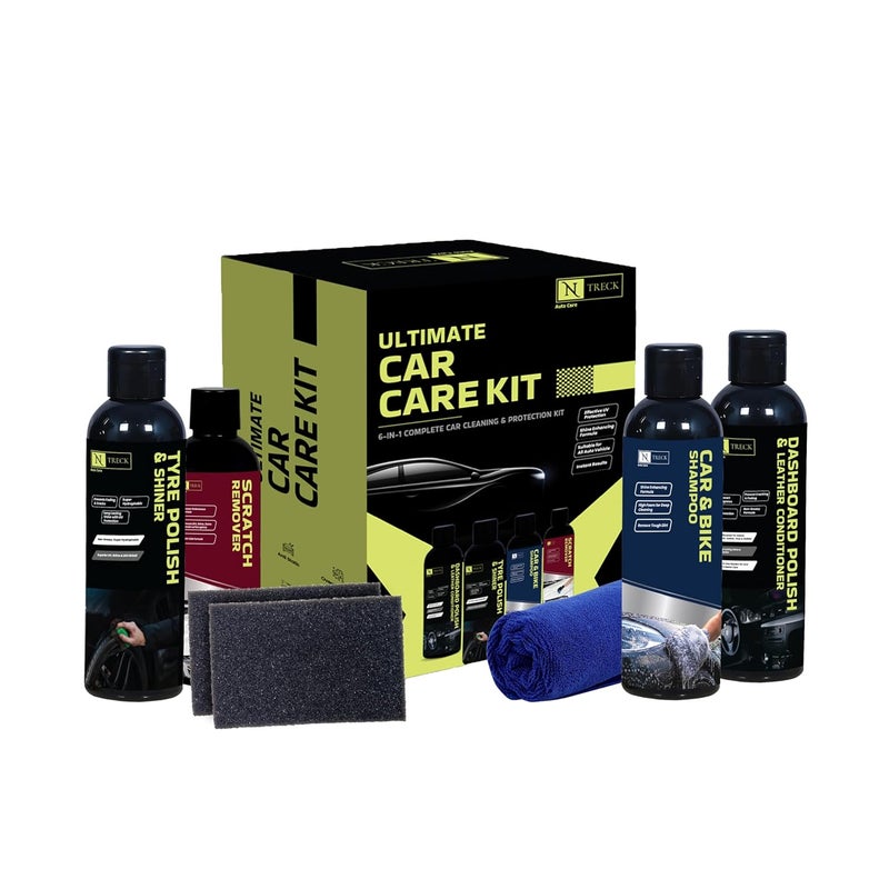 N Treck NTreck Ultimate Car Cleaning Kit - 6 Pcs | Contains Dashboard Leather Conditioner & Tyre Polish, Car & Bike Shampoo, Scratch Remover, Microfiber Cloth & 2 Applicators | Washing Kit - Image 1