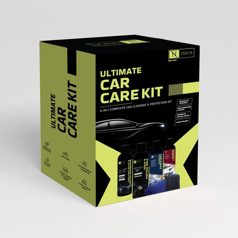 N Treck NTreck Ultimate Car Cleaning Kit - 6 Pcs | Contains Dashboard Leather Conditioner & Tyre Polish, Car & Bike Shampoo, Scratch Remover, Microfiber Cloth & 2 Applicators | Washing Kit - Image 2