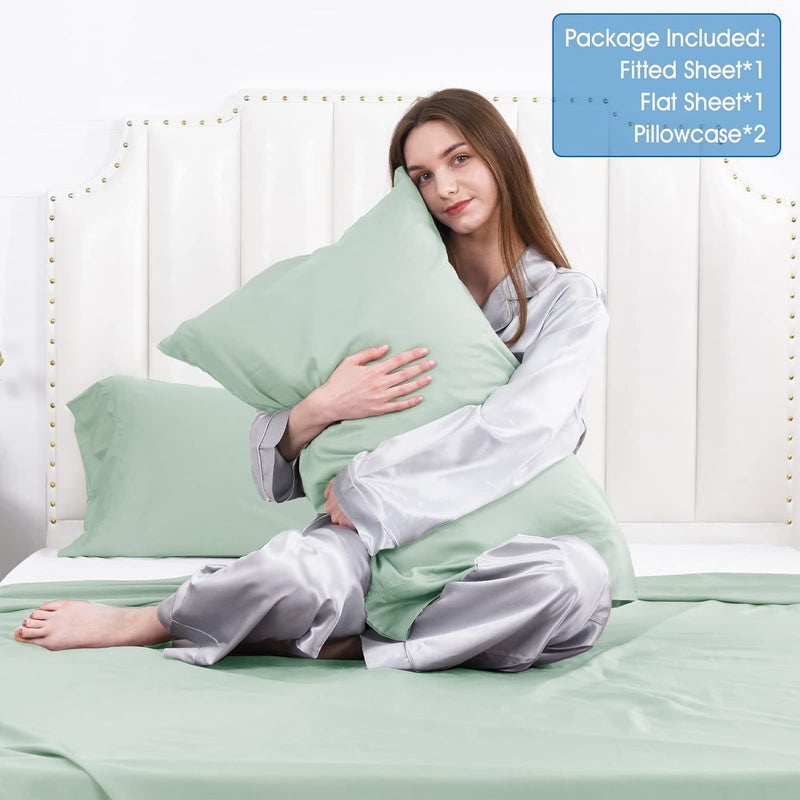 David's Home 100% Rayon Derived from Bamboo Cooling Sheets Set, Luxury Silk Like Soft Breathable for Hot Sleeper, 16" Deep Pocket Sheets with Pillowcase for Spring Summer, Queen Size, Sage Green - Image 4