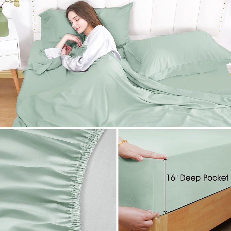 David's Home 100% Rayon Derived from Bamboo Cooling Sheets Set, Luxury Silk Like Soft Breathable for Hot Sleeper, 16" Deep Pocket Sheets with Pillowcase for Spring Summer, Queen Size, Sage Green - Image 5