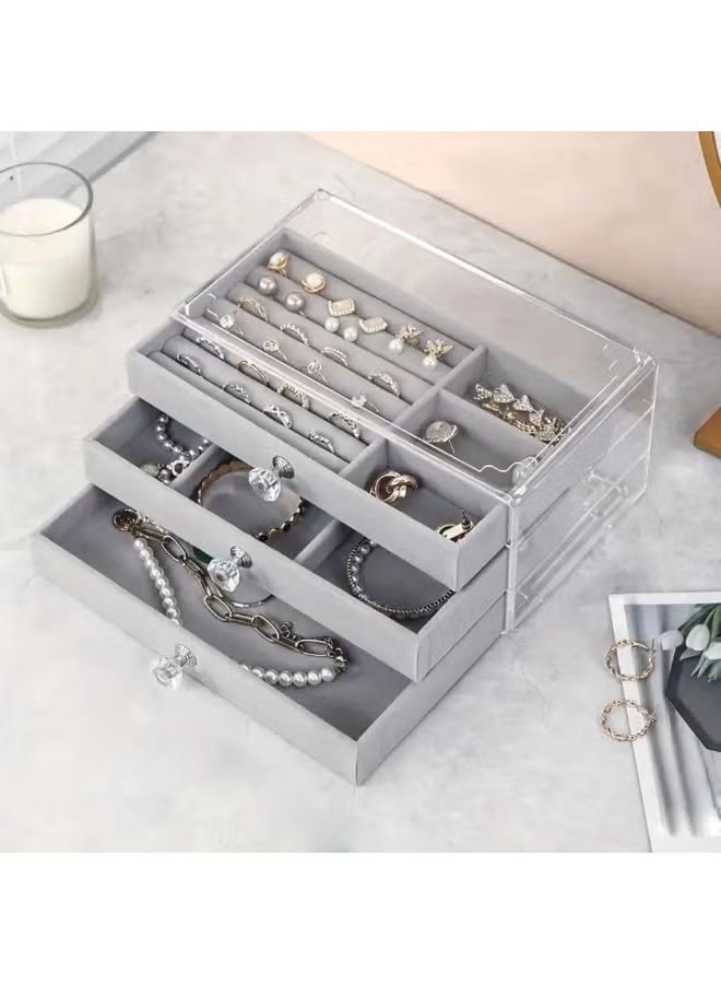 Shein Jewelry Organizer Box for Women and Girls 3 Drawers Clear Velvet Travel Jewelry Display Necklace Earrings Storage Box Grey - Image 1