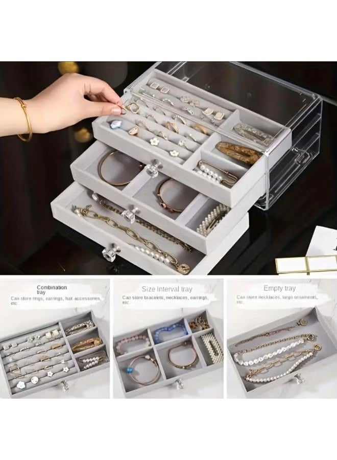 Shein Jewelry Organizer Box for Women and Girls 3 Drawers Clear Velvet Travel Jewelry Display Necklace Earrings Storage Box Grey - Image 2