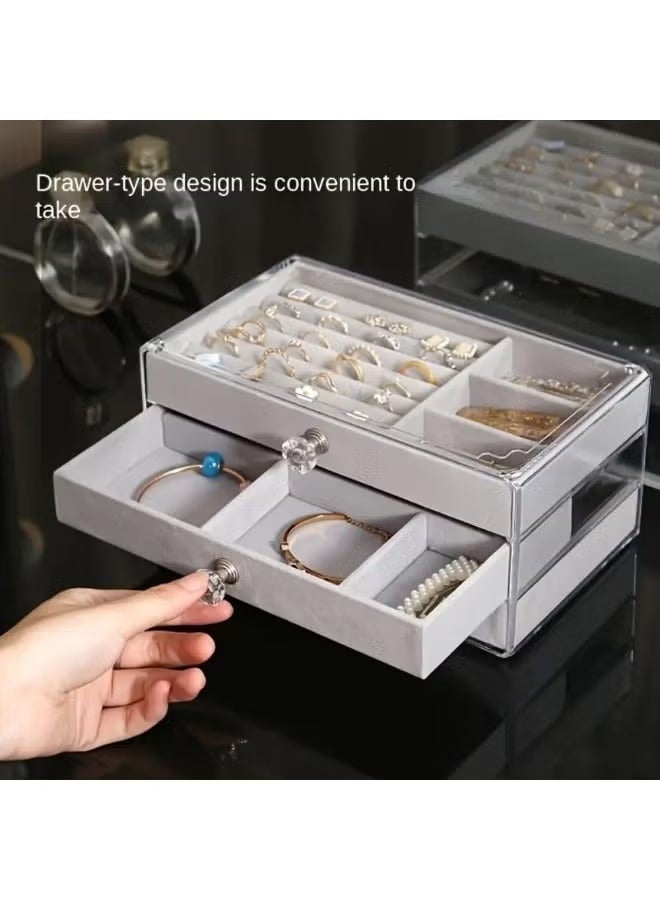 Shein Jewelry Organizer Box for Women and Girls 3 Drawers Clear Velvet Travel Jewelry Display Necklace Earrings Storage Box Grey - Image 3