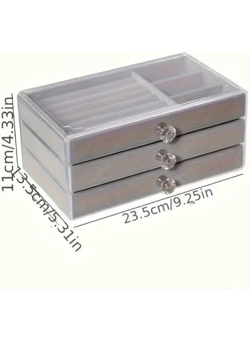 Shein Jewelry Organizer Box for Women and Girls 3 Drawers Clear Velvet Travel Jewelry Display Necklace Earrings Storage Box Grey - Image 4