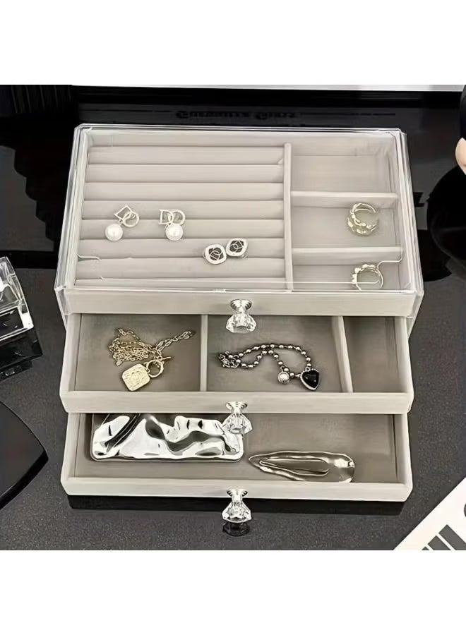 Shein Jewelry Organizer Box for Women and Girls 3 Drawers Clear Velvet Travel Jewelry Display Necklace Earrings Storage Box Grey - Image 5