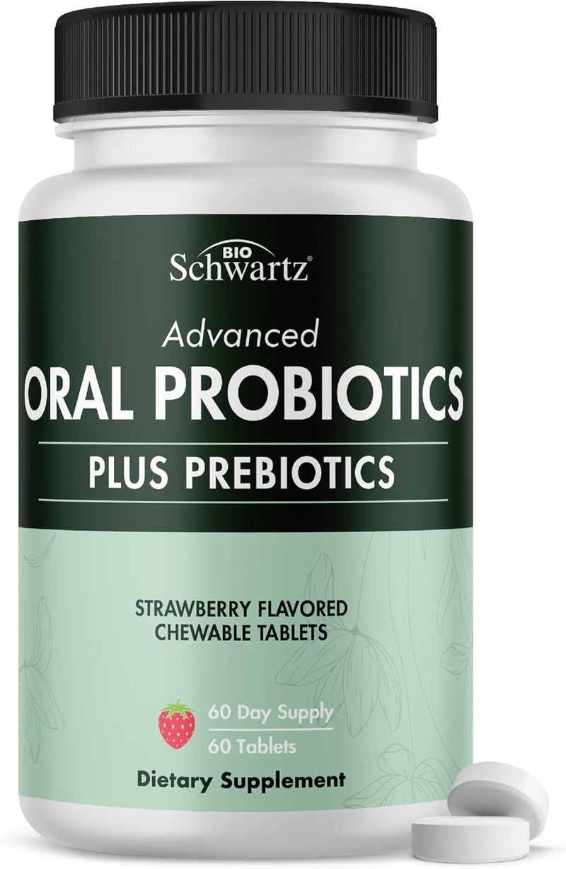 BioSchwartz مكمل بروبيوتيك فموي مع بروبيوتيك يدعم صحة الأسنان واللثة والفم وتنفس منعش بدون رائحة للبالغين بنكهة الفراولة أقراص قابلة للمضغ 60 قرص 60 يومًا من الإمداد - Image 1