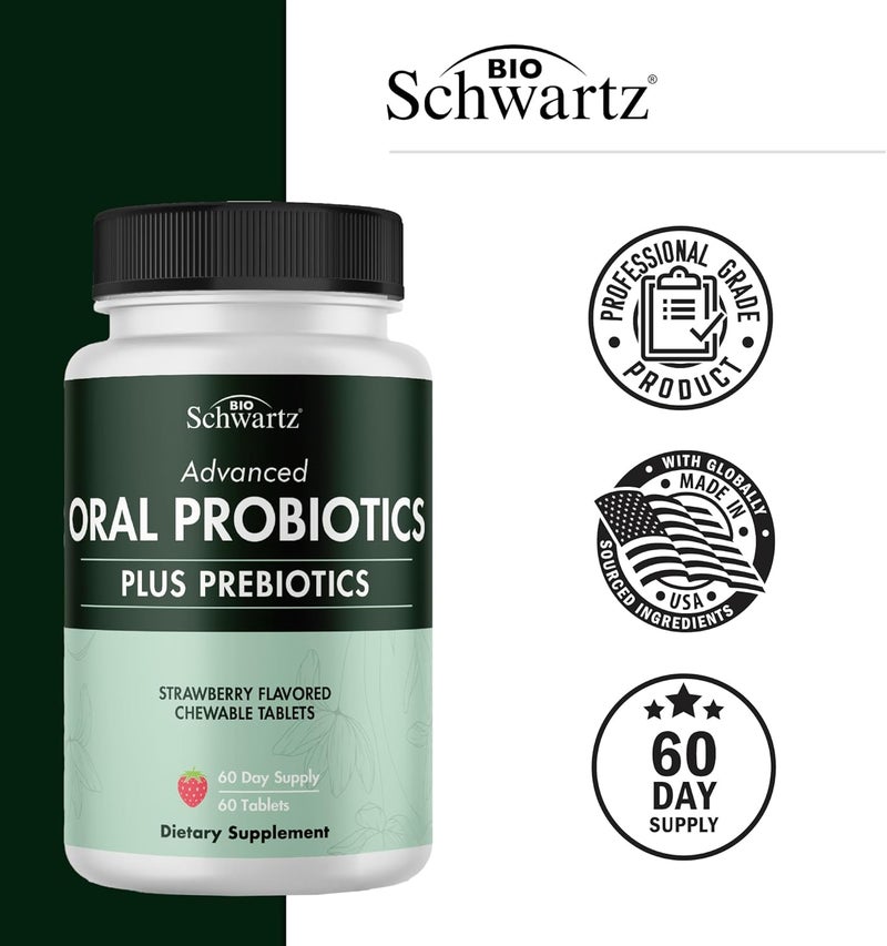 BioSchwartz مكمل بروبيوتيك فموي مع بروبيوتيك يدعم صحة الأسنان واللثة والفم وتنفس منعش بدون رائحة للبالغين بنكهة الفراولة أقراص قابلة للمضغ 60 قرص 60 يومًا من الإمداد - Image 5