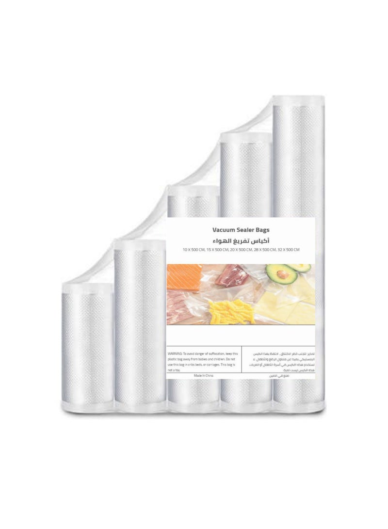 SafeFood Shield Premium Textured Vacuum Bags for Food Storage, A Set of 5 Different Sizes 10 X 500 CM, 15 X 500 CM, 20 X 500 CM, 28 X 500 CM, 32 X 500 CM  - Image 1