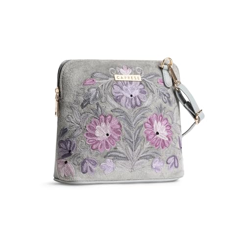 Caprese Siji Tresana Small Crossbody Bag for Women | Kashida Embroidery Sling with Adjustable & Detachable Strap, Secured Zip Closure | Stylish & Spacious Handbag for Everyday Use & Travel (Grey) - Image 2