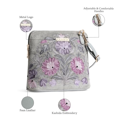 Caprese Siji Tresana Small Crossbody Bag for Women | Kashida Embroidery Sling with Adjustable & Detachable Strap, Secured Zip Closure | Stylish & Spacious Handbag for Everyday Use & Travel (Grey) - Image 3