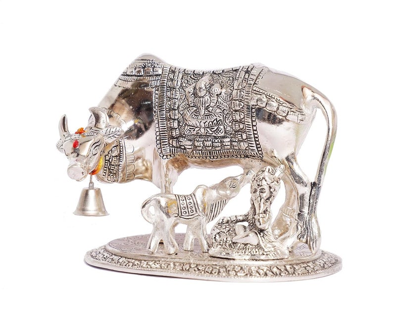 KridayKraft Kamdhenu Cow,Calf with Bal Gopal Krishna Metal Statue for Good Luck,Feng Shui As Table Top Figurine,Vastu,Religious Gau MATA Idol Home,Office&Table Decorative,Animal - Image 4