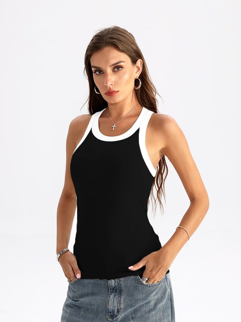 Danysu High Neck Ribbed Cotton Tank Tops for Women with Built in Bra Non See Through Thick Strap Cami Tops Block Black Medium - Image 2