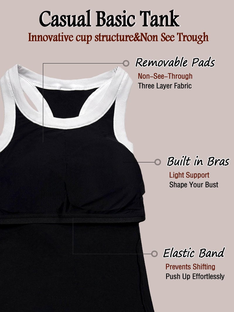 Danysu High Neck Ribbed Cotton Tank Tops for Women with Built in Bra Non See Through Thick Strap Cami Tops Block Black Medium - Image 5