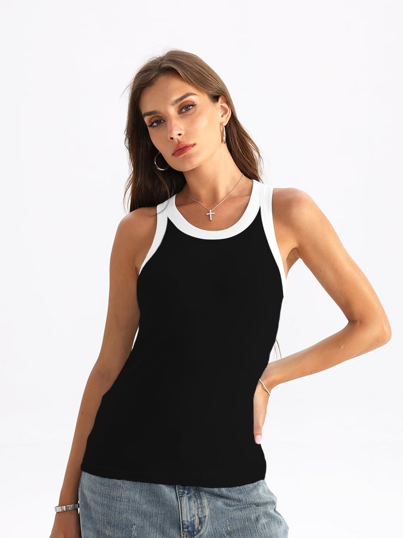 Danysu High Neck Ribbed Cotton Tank Tops for Women with Built in Bra Non See Through Thick Strap Cami Tops Block Black Medium - Image 3