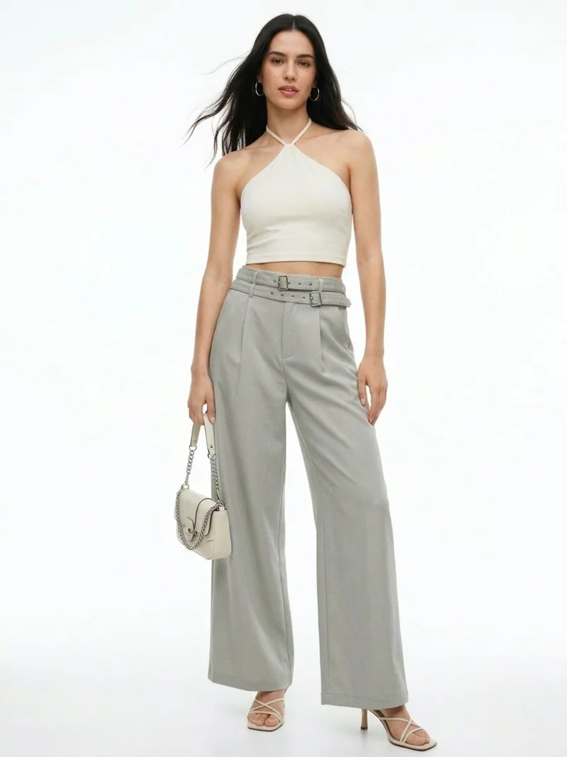 Outzidr  Grey Wide-Leg High-Waist Trousers With Dual Belt Details for Women | Best Price UAE