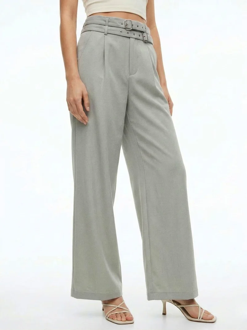أوجيدر Grey Wide-Leg High-Waist Trousers With Dual Belt Details