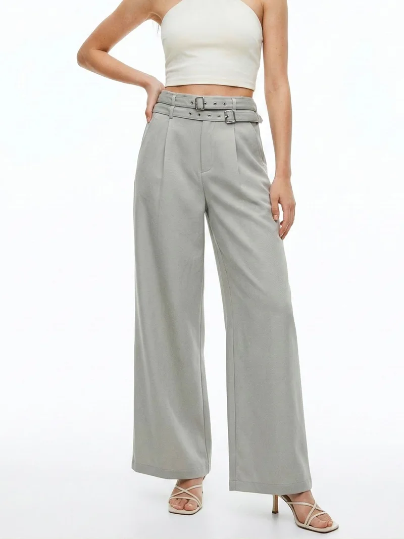 Outzidr  Grey Wide-Leg High-Waist Trousers With Dual Belt Details for Women | Best Price UAE