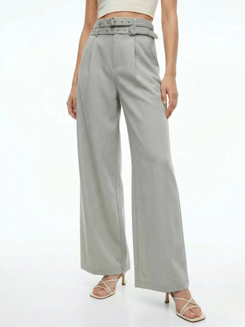 أوجيدر Grey Wide-Leg High-Waist Trousers With Dual Belt Details