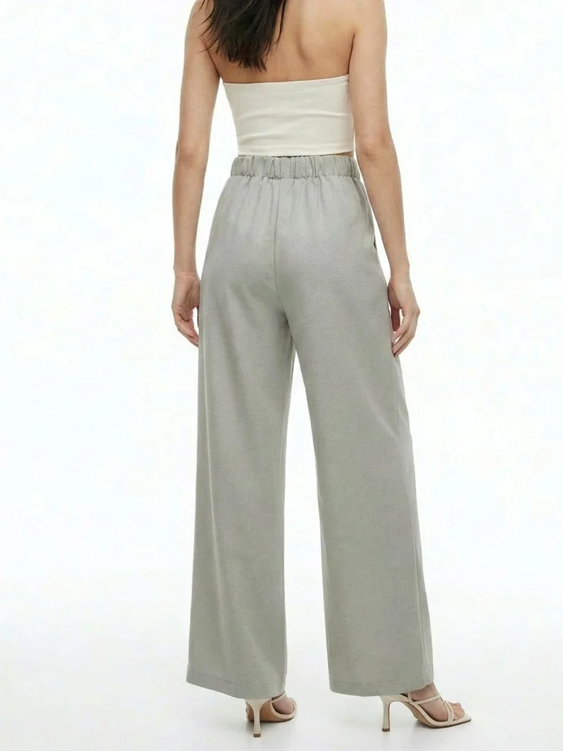 Outzidr  Grey Wide-Leg High-Waist Trousers With Dual Belt Details for Women | Best Price UAE