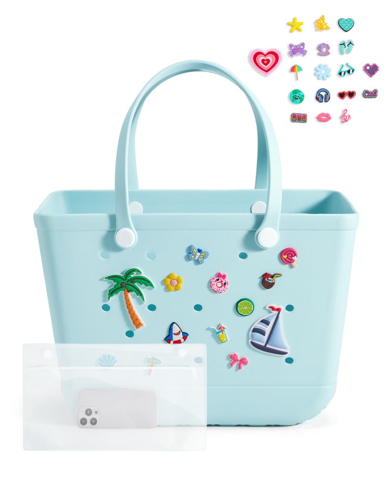 BAGSMART Large Beach Bag for Women with Cooler, Rubber Tote Bag with Charms, Waterproof Vacation Essentials for Swim Pool, Blue - Image 1
