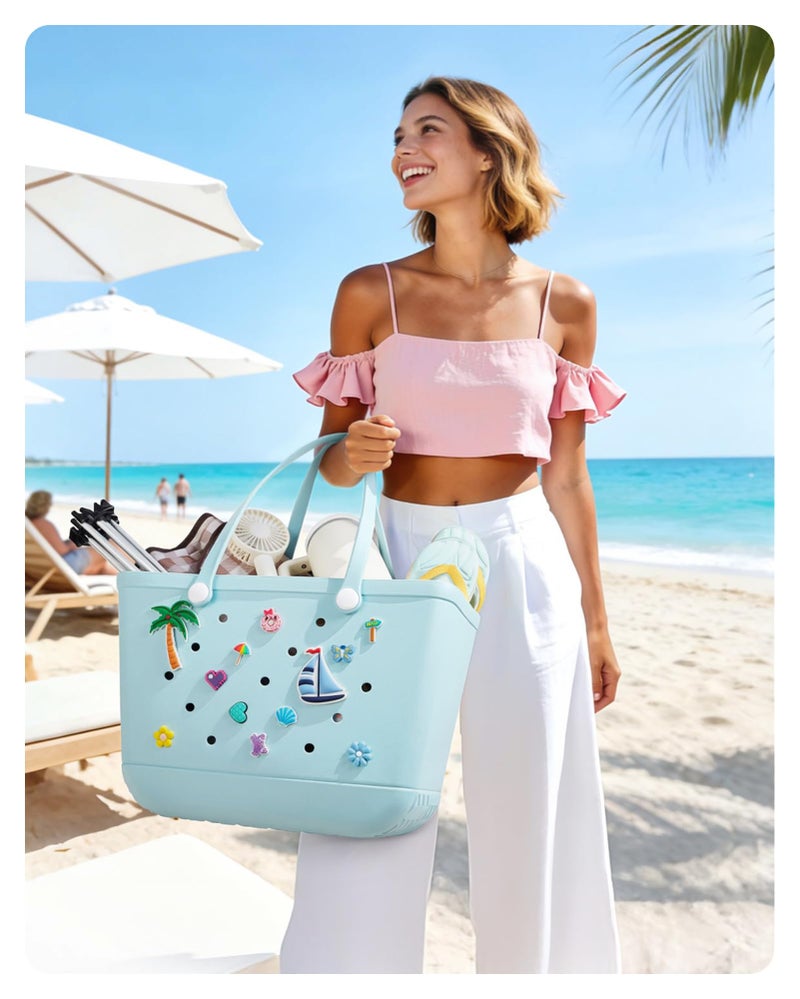 BAGSMART Large Beach Bag for Women with Cooler, Rubber Tote Bag with Charms, Waterproof Vacation Essentials for Swim Pool, Blue - Image 3