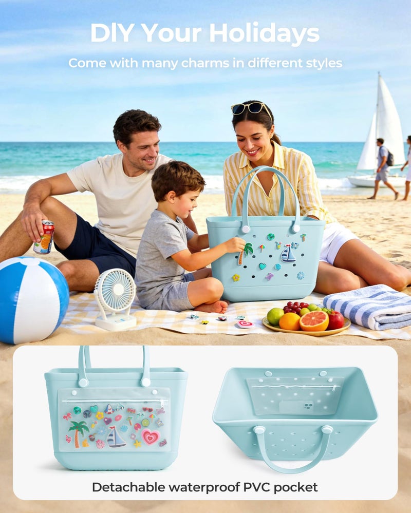 BAGSMART Large Beach Bag for Women with Cooler, Rubber Tote Bag with Charms, Waterproof Vacation Essentials for Swim Pool, Blue - Image 4