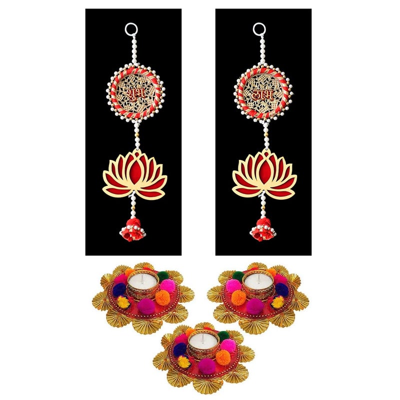 Saugat Traders Diwali Decoration Items Combo Pack Pair of Hanging Decorative Shubh Labh and Designer Tealight Candles Stand for Diwali Home Decor - Image 1