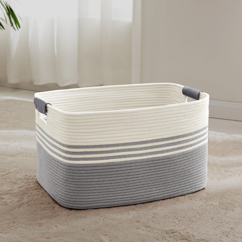Sunnewt 60L Large Laundry Basket With Leather Handles For Living Room Storage  Woven Rope Baskets Bin For Blanket  Kids Toy  Gifts  Wicker Hamper For Bedroom Dirty Clothes  21""X15""X11"" White Grey - Image 1
