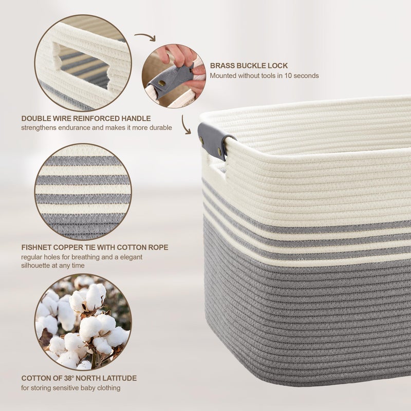 Sunnewt 60L Large Laundry Basket With Leather Handles For Living Room Storage  Woven Rope Baskets Bin For Blanket  Kids Toy  Gifts  Wicker Hamper For Bedroom Dirty Clothes  21""X15""X11"" White Grey - Image 5