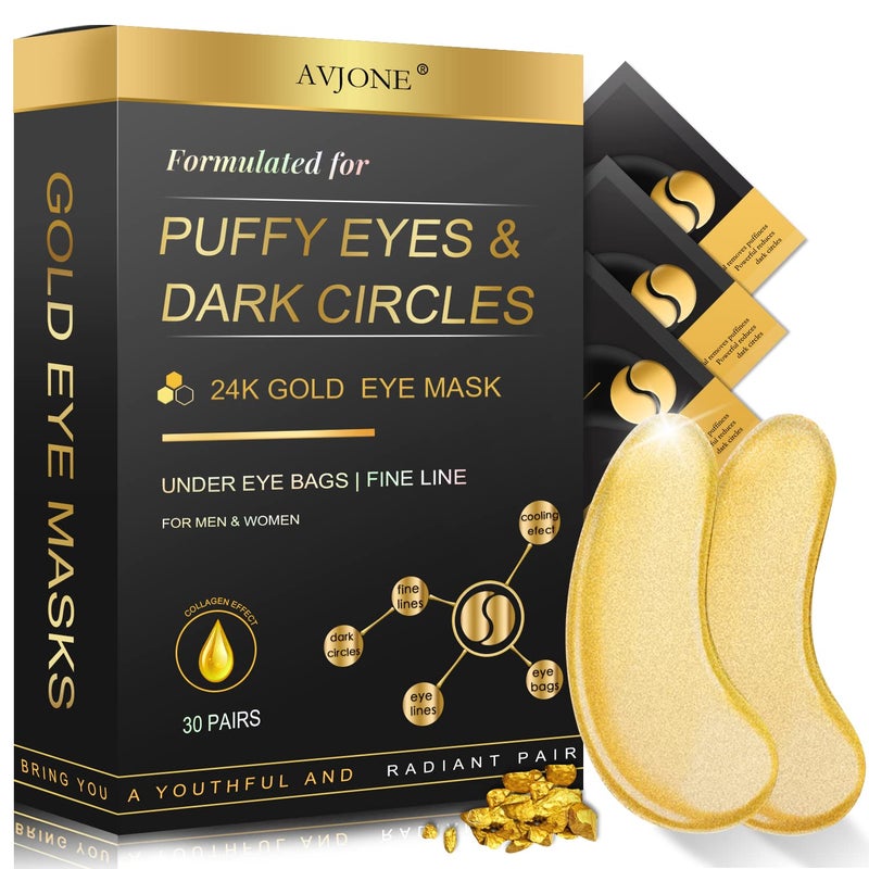 AVJONE 24K Gold Under Eye Patches (30 Pairs), Collagen eye masks for dark circles and puffiness, eye patches for women puffy eyes, Revitalises and Refreshes Your Skin - Image 1