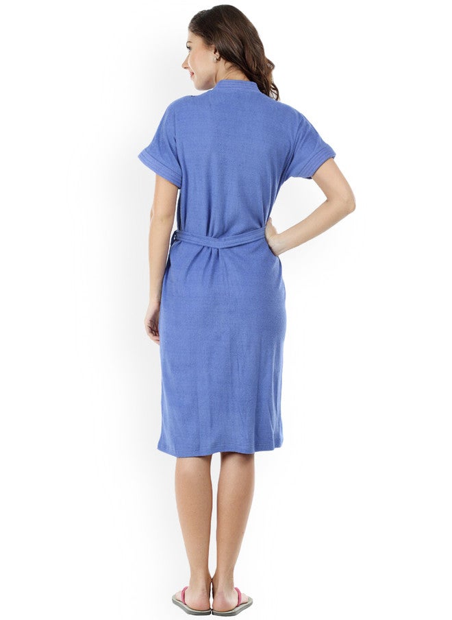 Red Rose RedRose Blue Solid Cotton Drawstring Knee Length Bath Robe - XL - Image 4