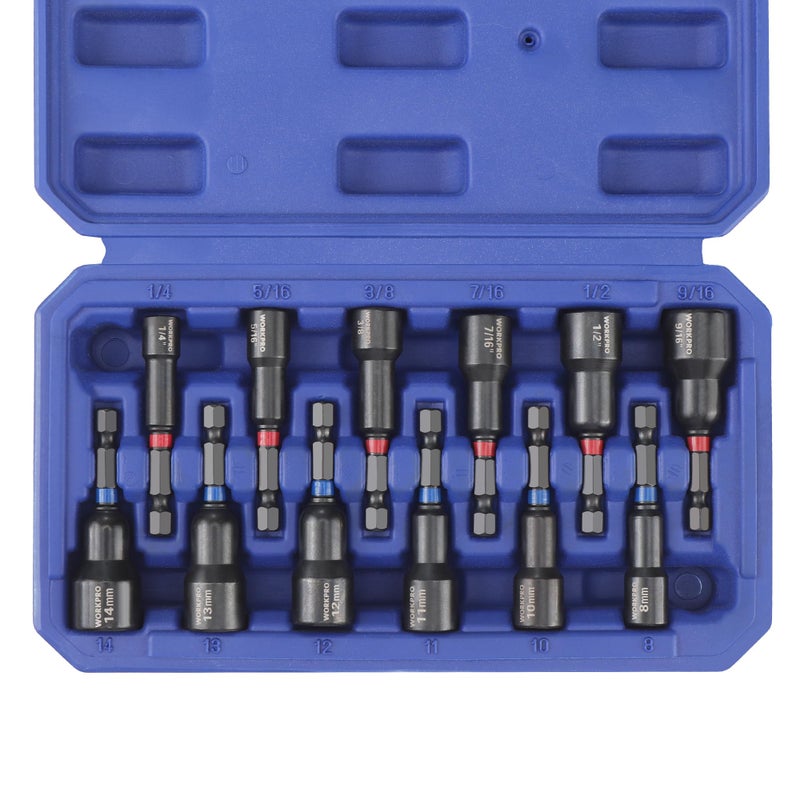 WORKPRO 12-Piece Magnetic Nut Driver Set, Premium Impact Power Hex Nut Driver Drill Bit Master Kit, SAE (1/4" to 9/16") and Metric (6-14mm), 1/4" Hex Shank and Quick-Change, Cr-V Steel - Image 1