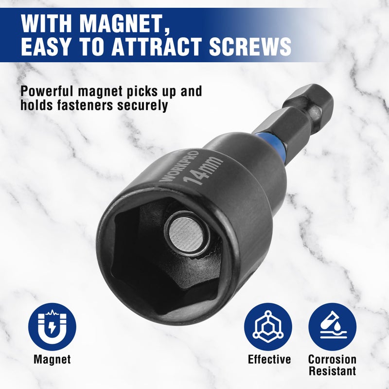 WORKPRO 12-Piece Magnetic Nut Driver Set, Premium Impact Power Hex Nut Driver Drill Bit Master Kit, SAE (1/4" to 9/16") and Metric (6-14mm), 1/4" Hex Shank and Quick-Change, Cr-V Steel - Image 4