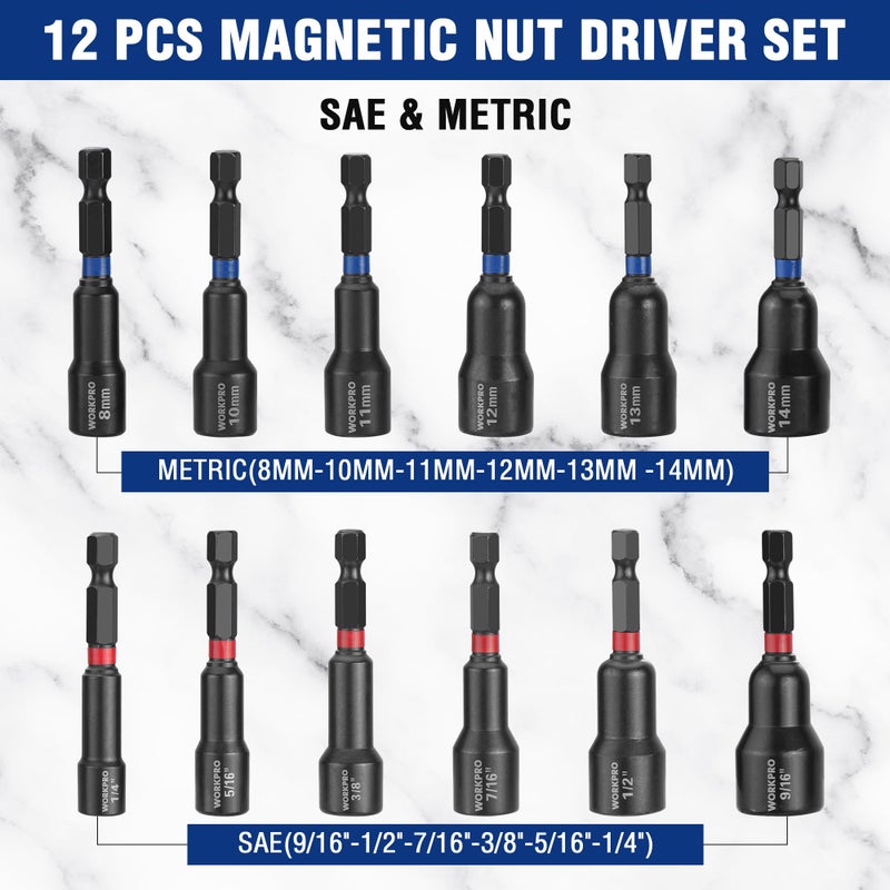 WORKPRO 12-Piece Magnetic Nut Driver Set, Premium Impact Power Hex Nut Driver Drill Bit Master Kit, SAE (1/4" to 9/16") and Metric (6-14mm), 1/4" Hex Shank and Quick-Change, Cr-V Steel - Image 2