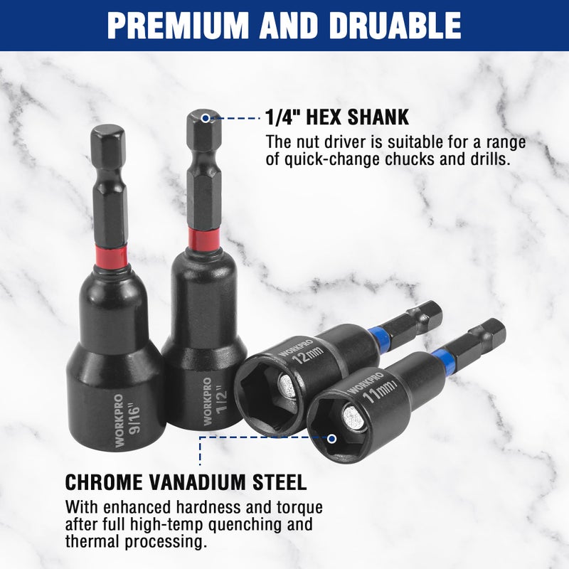 WORKPRO 12-Piece Magnetic Nut Driver Set, Premium Impact Power Hex Nut Driver Drill Bit Master Kit, SAE (1/4" to 9/16") and Metric (6-14mm), 1/4" Hex Shank and Quick-Change, Cr-V Steel - Image 3
